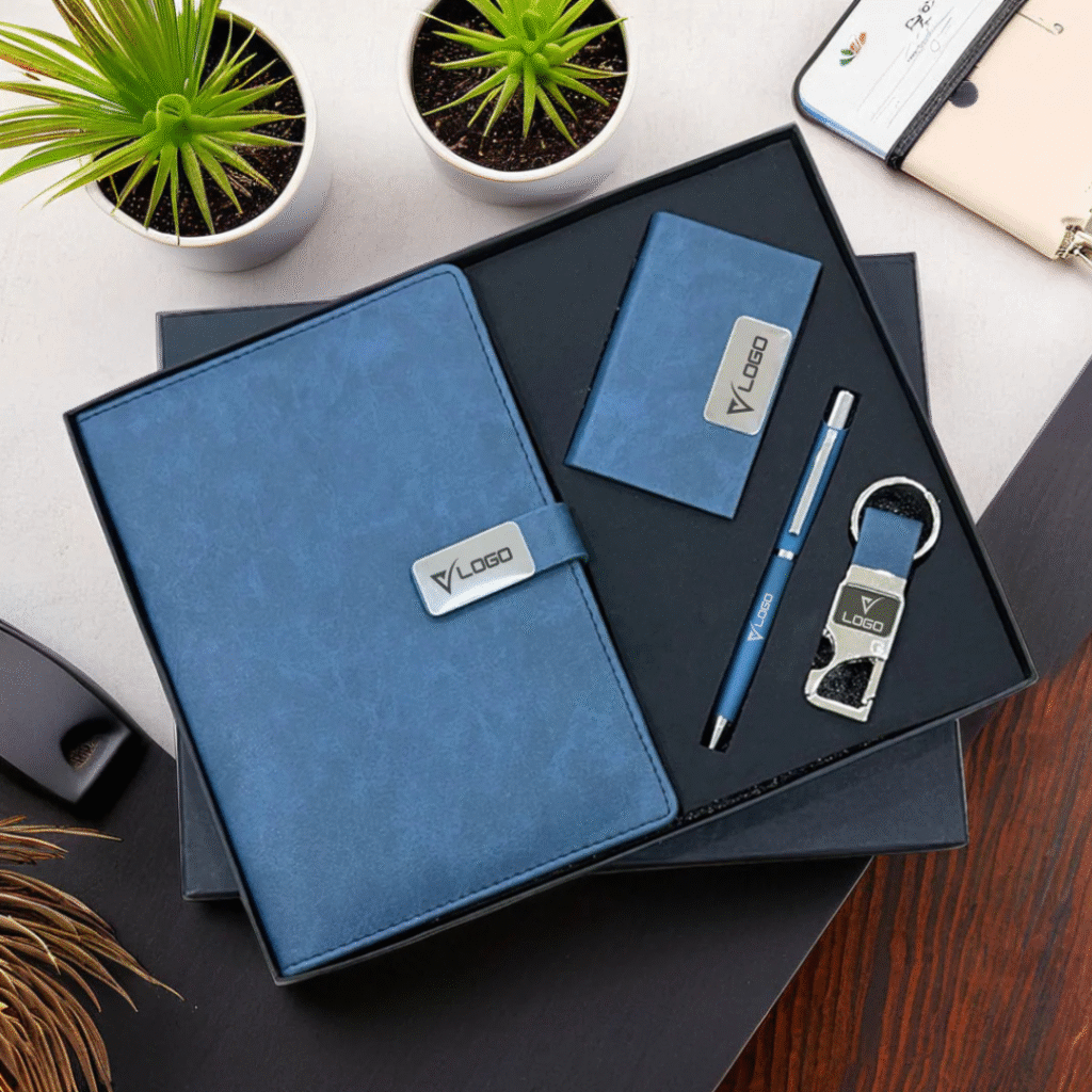 Premium corporate gift box with customized company branding" "Elegant wooden pen set – perfect for corporate giveaways" "Customized leather diary and pen combo gift for employees"